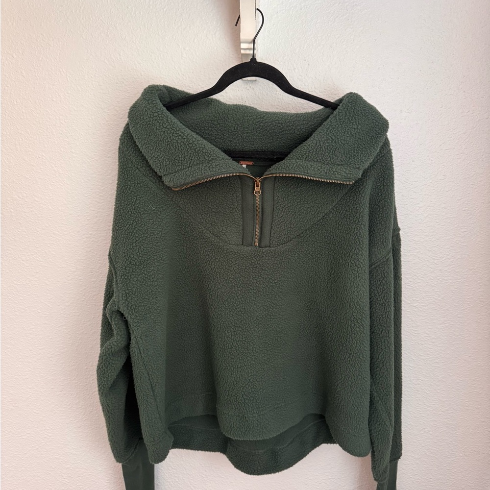 Free People Olive Fleece Quarter-Zip Top